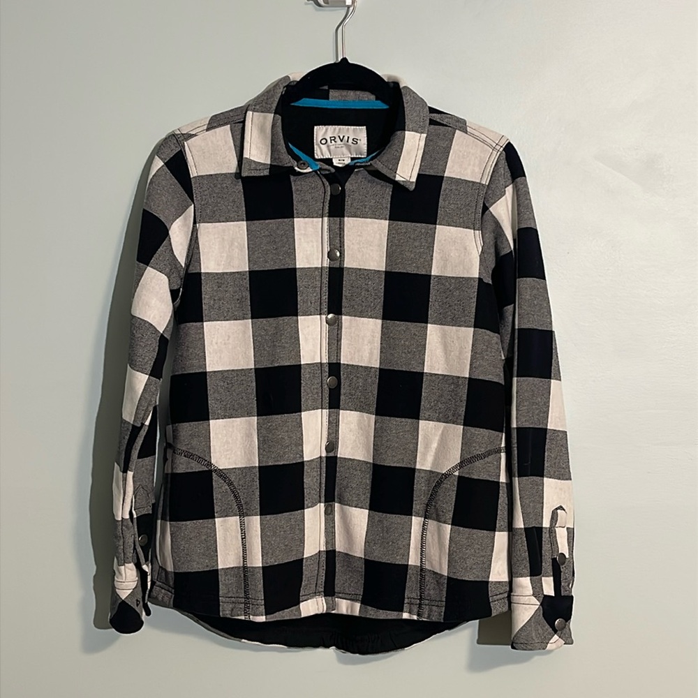 Orvis Black White Buffalo Plaid Snap Fleece Lined Shacket Women’s Medium Pockets